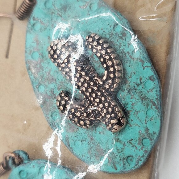 Southwestern Cactus on Blue Patina Brushed Oval Earring New in Package Lucky You - Picture 3 of 9
